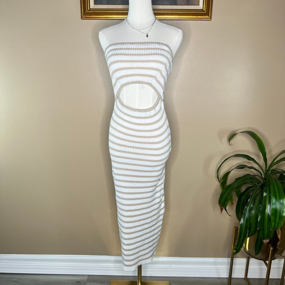 Strapless Knitted Striped Cutout Midi Bodycon Sun Dress Size L